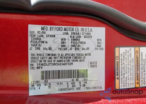 2004 Ford Explorer Nbx/Xlt из США, поврежденный, VIN 1FMDU73W24ZA87329